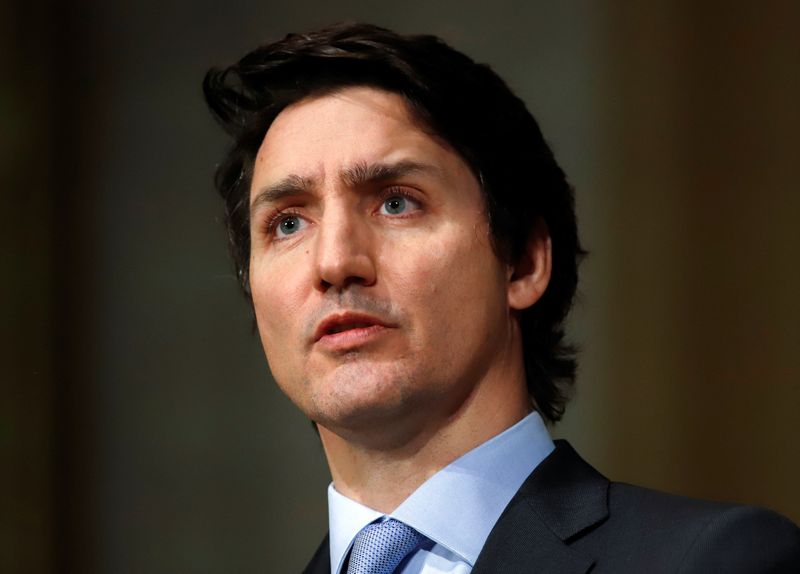Canada's Prime Minister Justin Trudeau speaks at a news conference about the situation in Ukraine, in Ottawa, Ontario, Canada, on Tuesday.
