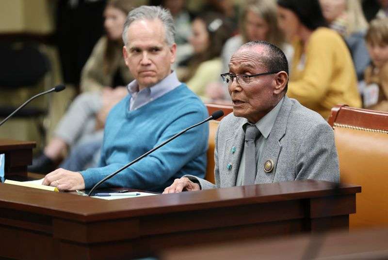 Pernell Halona, a council delegate from the Navajo
Nation, speaks on HB371 in the House Government Operations Standing
Committee at the Capitol in Salt Lake City on Wednesday.