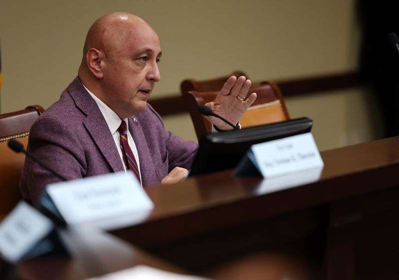 House Government Operations Standing Committee Chair
Rep. Cory Maloy, R-Lehi, asks a question of Rep. Phil Lyman,
R-Blanding, as he speaks to his bill, HB371, as the committee meets
at the Capitol in Salt Lake City on Wednesday.