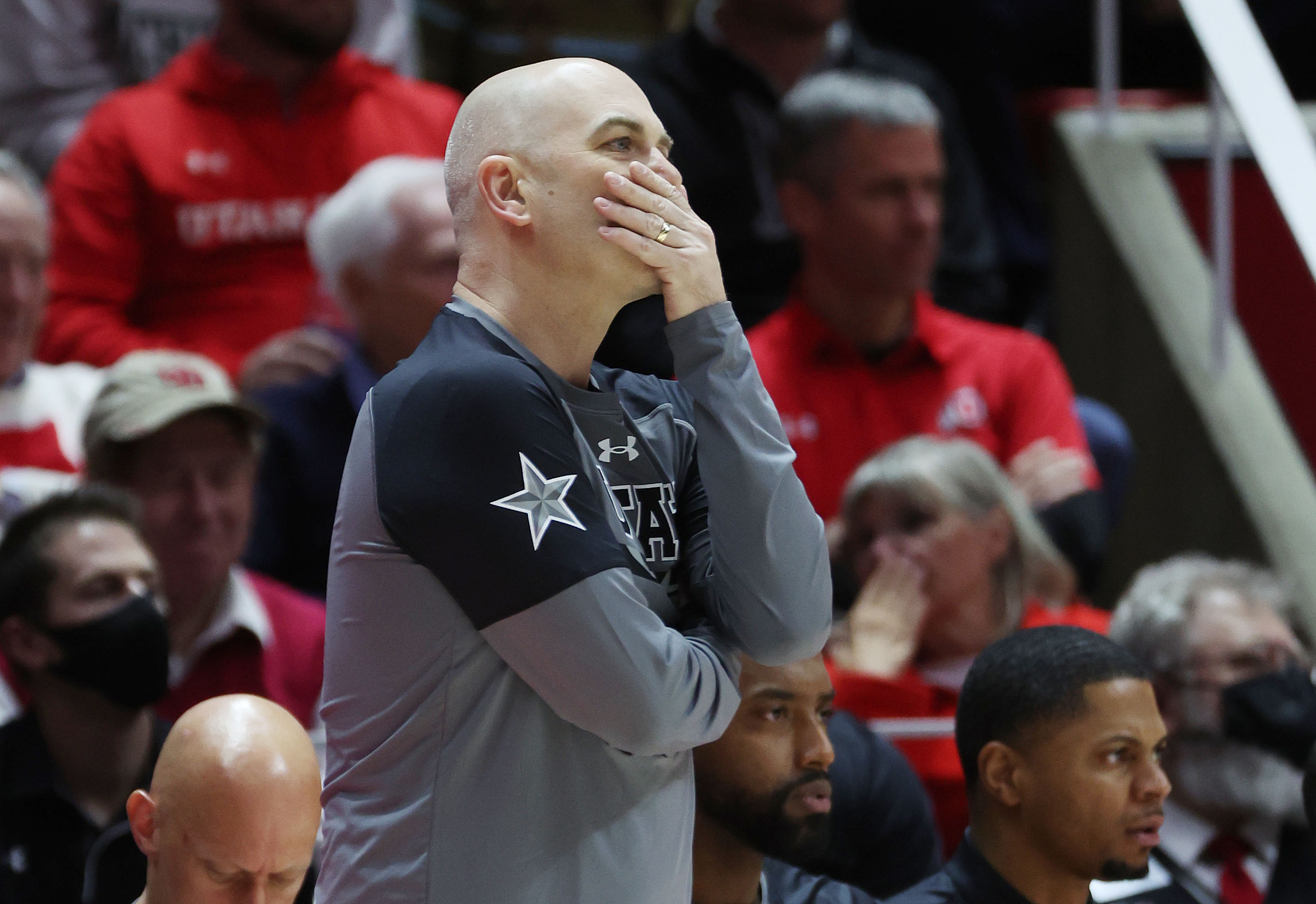 Utah Utes head coach Craig Smith watches the action in Salt Lake City on Thursday. Behind 23 points from Arizona's Azuolas Tubelis, the Wildcats rolled to an easy 97-77 victory at the Huntsman Center.