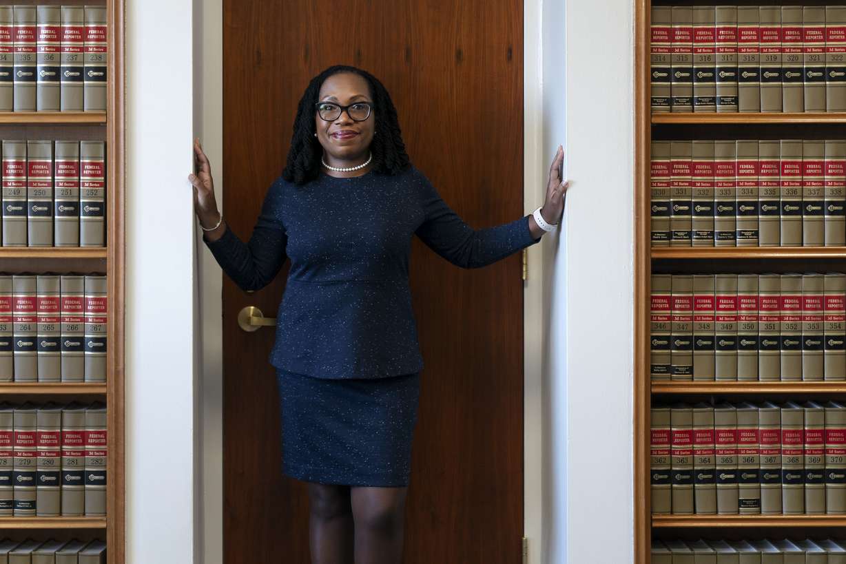 Judge Ketanji Brown Jackson, a U.S. Circuit Judge on the U.S. Court of Appeals for the District of Columbia Circuit, poses for a portrait, Feb. 18, in her office at the court in Washington.