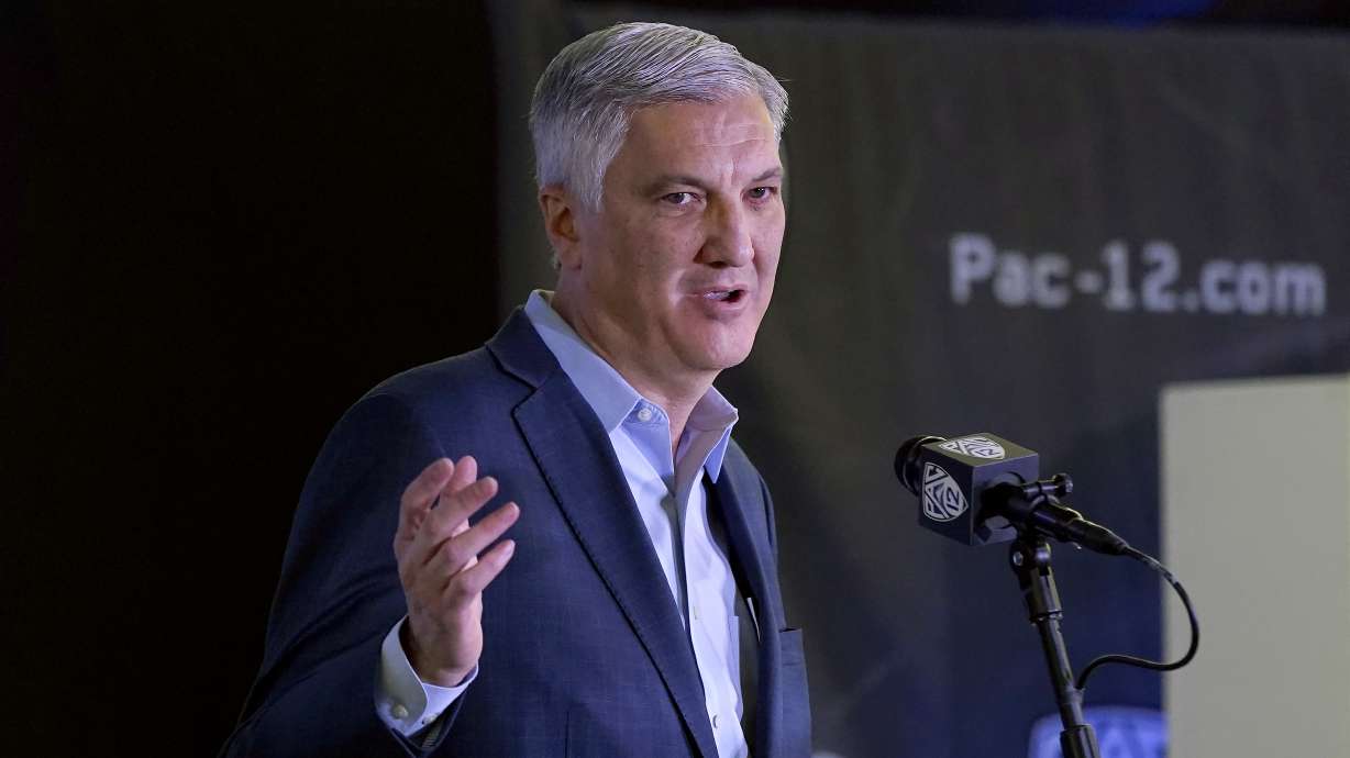 Pac-12 Commissioner George Kliavkoff speaks during Pac-12 Conference NCAA college basketball media day Tuesday, Oct. 12, 2021, in San Francisco.