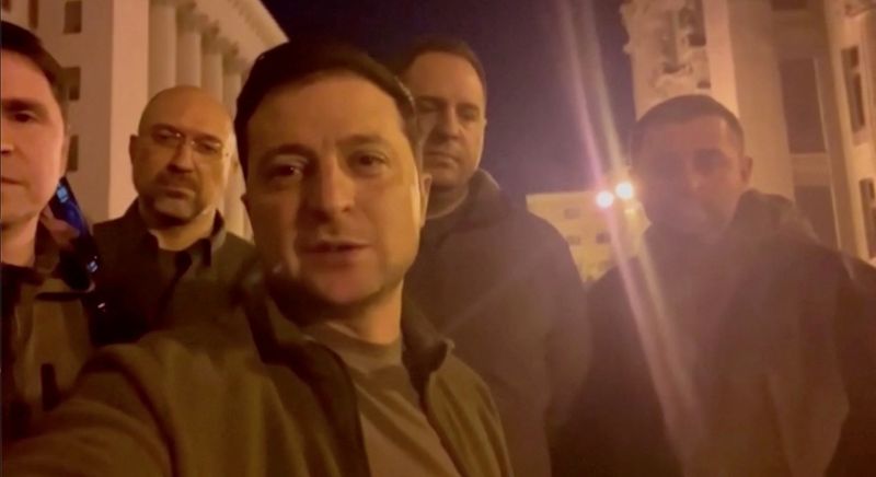 Ukrainian President Volodymyr Zelenskyy speaks alongside other Ukrainian officials in the governmental district of Kyiv, confirming that he is still in the capital, in Kyiv, Ukraine on Friday in this screengrab obtained from a handout video.