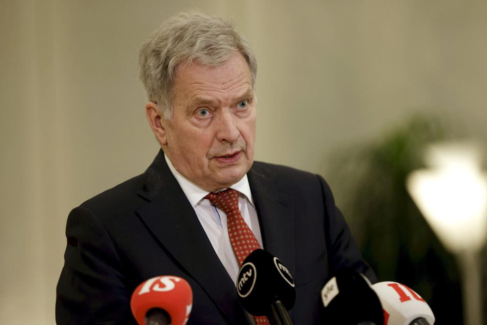 President of Finland Sauli Niinisto speaks during a press conference  in Helsinki, Finland, Friday. Finland and Sweden have brushed off warnings from neighboring Russia that their possible joining of NATO would trigger “serious military-political consequences” from Moscow.