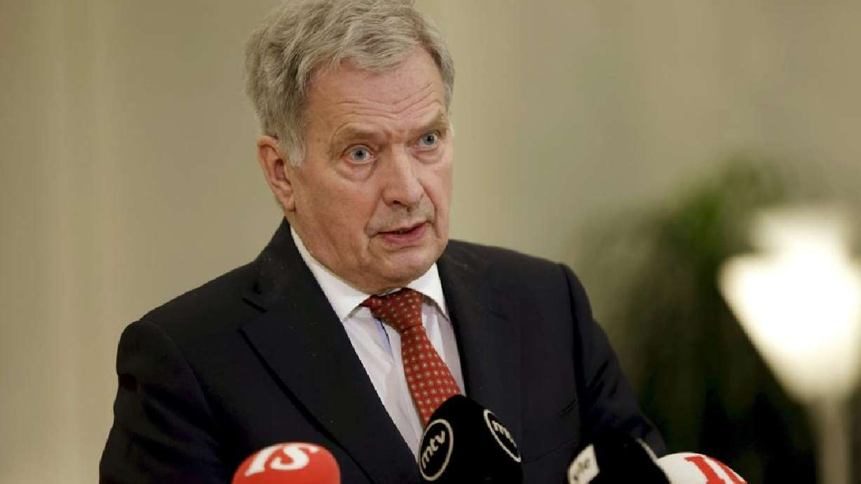 President of Finland Sauli Niinisto speaks during a press conference in Helsinki, Finland, Friday. Finland and Sweden have brushed off warnings from neighboring Russia that their possible joining of NATO would trigger “serious military-political consequences” from Moscow.