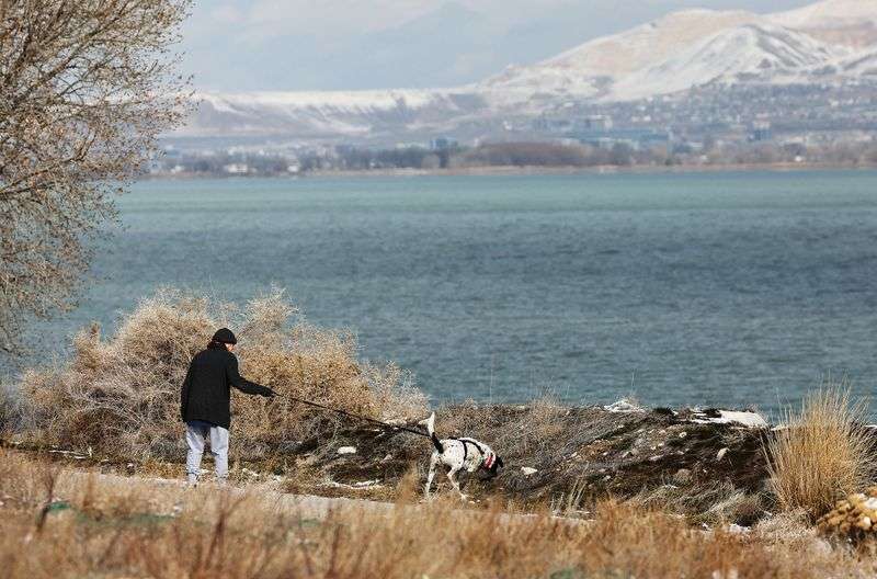 A dog is walked at Utah Lake near Saratoga Springs on
Friday, Feb. 25, 2022. Two bills that lawmakers say will steer Utah Lake toward a cleaner future cleared a big hurdle on Friday.