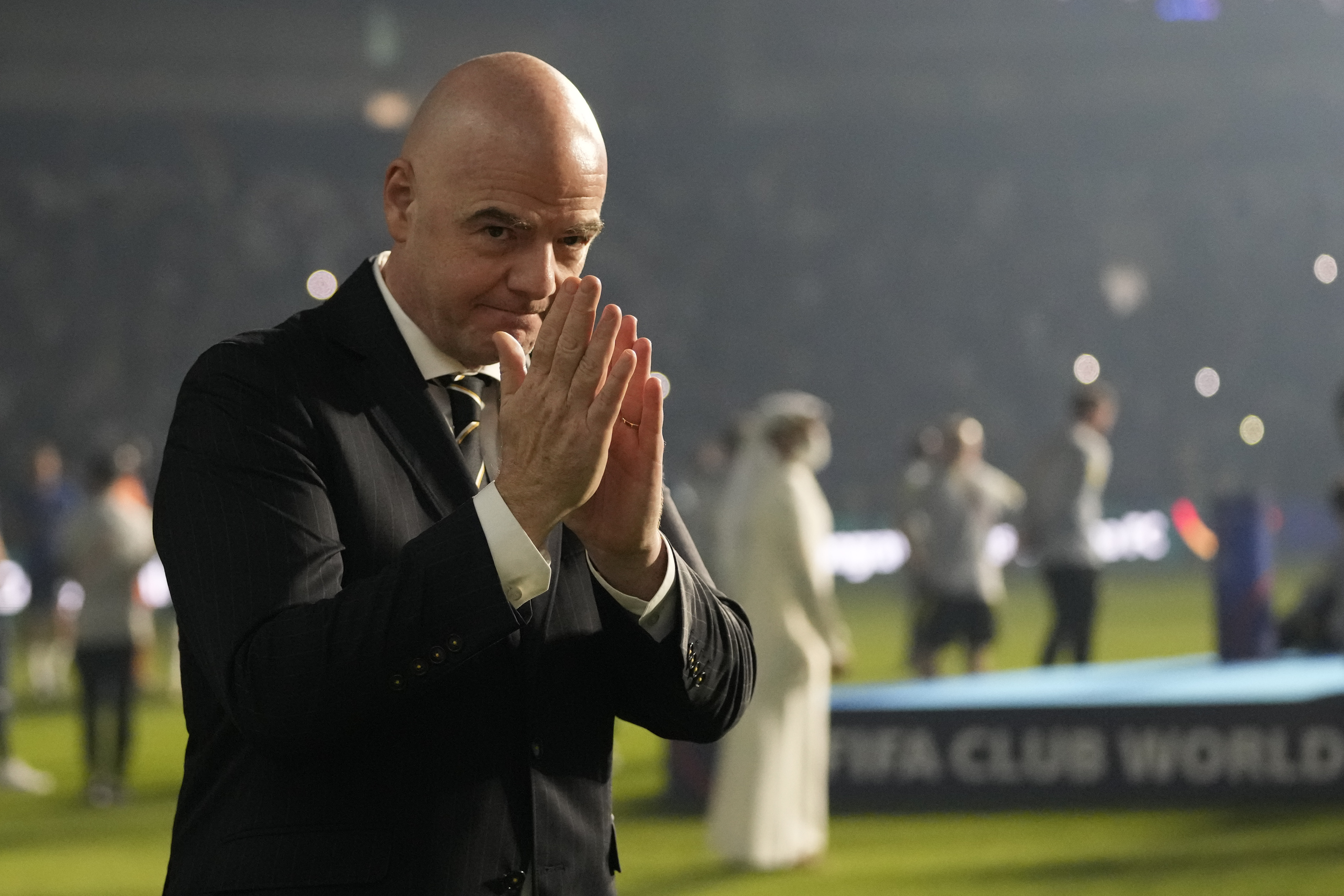 FIFA President Gianni Infantino gestures to media end of the Club World Cup final soccer match between Palmeiras and Chelsea at Mohammed Bin Zayed Stadium in Abu Dhabi, United Arab Emirates, Saturday, Feb. 12, 2022. 