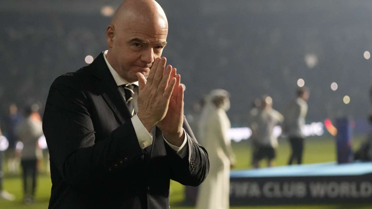 FIFA President Gianni Infantino gestures to media end of the Club World Cup final soccer match between Palmeiras and Chelsea at Mohammed Bin Zayed Stadium in Abu Dhabi, United Arab Emirates, Saturday, Feb. 12, 2022.