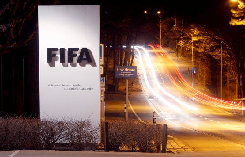 A long exposure shows FIFA's logo near its headquarters in Zurich, Switzerland February 27, 2022.