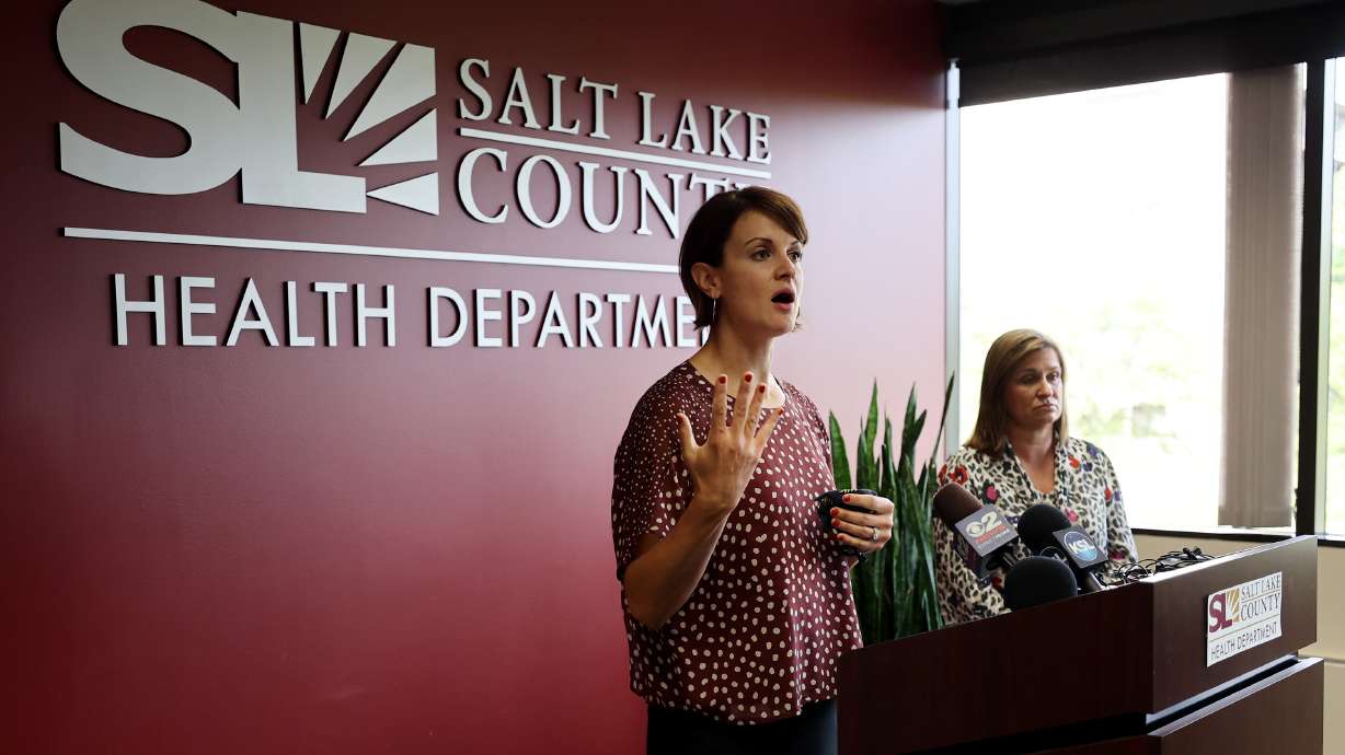 Dr. Angela Dunn, then-executive director at the Salt Lake County Health Department, speaks in Salt Lake City on Aug. 10, 2021. Dunn announced Thursday she's stepping down to go to the U.S. Centers for Disease Control and Prevention.