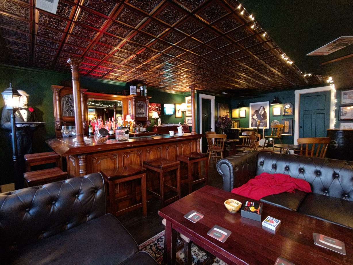 A view of Brian Govatos and Allison Tiné's basement in their Spanish Fork home that was designed as an Irish pub.