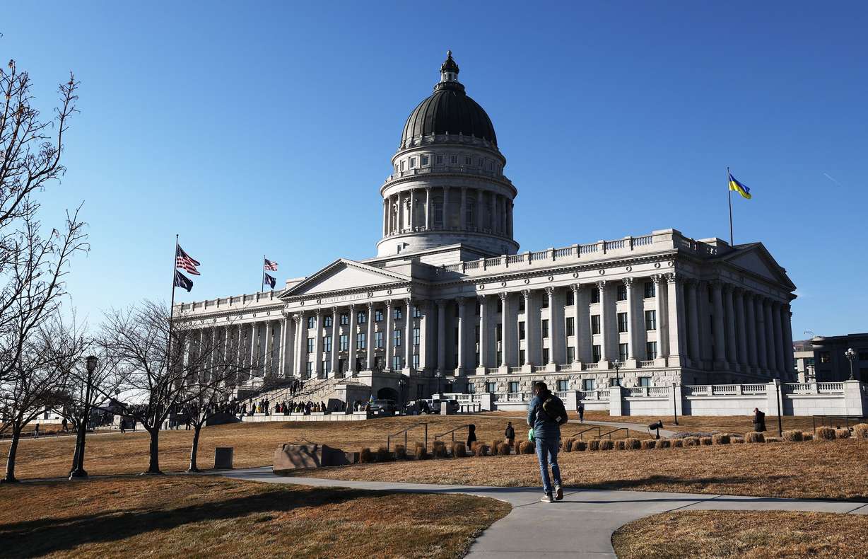 The Ukrainian flag flies at the Capitol in Salt Lake City on Monday. Gov. Spencer Cox ordered the Ukrainian flag be flown over the state Capitol on Monday.