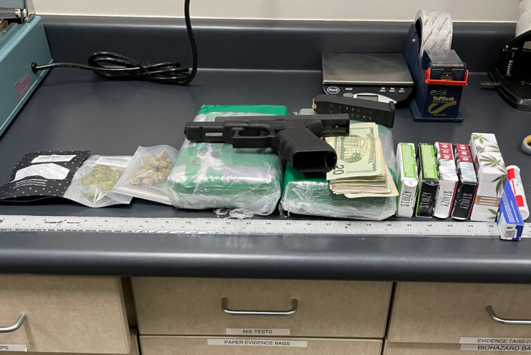 Suspected cocaine, THC cartridges, cash and a Glock 9 mm handgun were reportedly recovered during a traffic stop on northbound Interstate 15 in Washington City, Sunday.