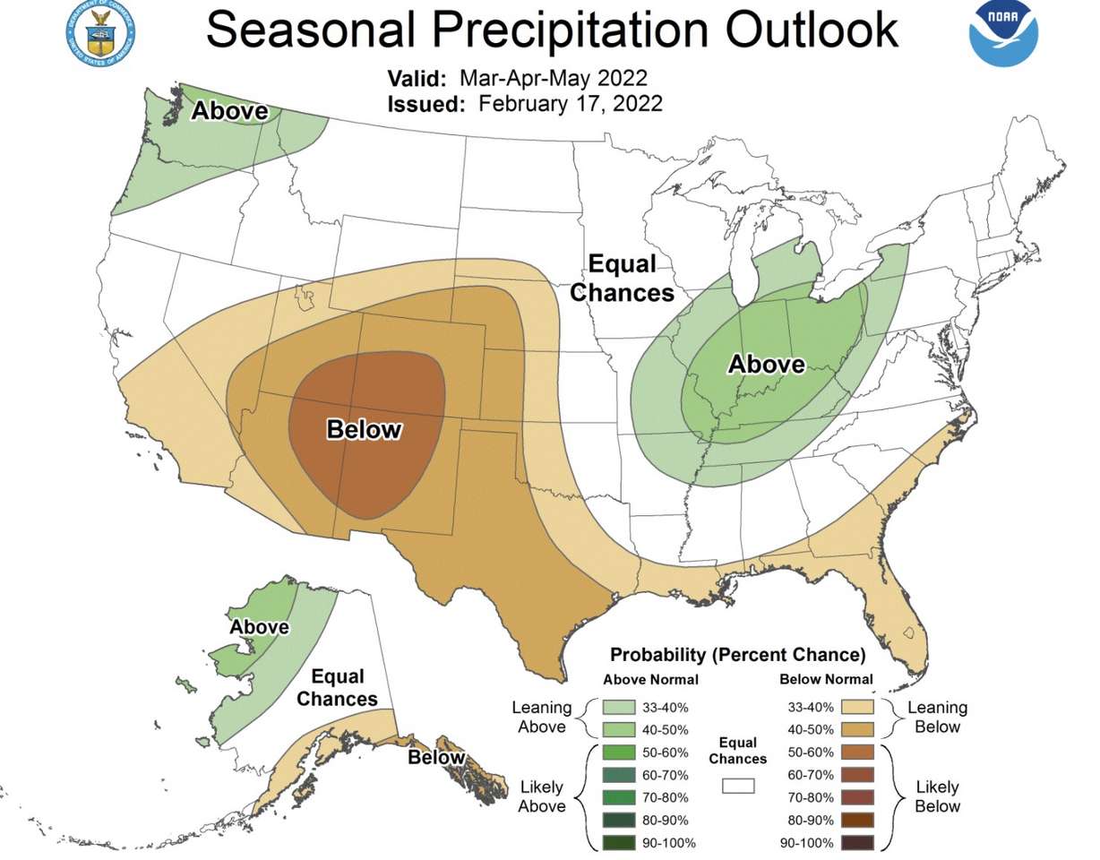 This map shows the precipitation outlook for the months of March, April and May. Utah is listed as having a higher probability of drier-than-average weather for the span of the spring season.