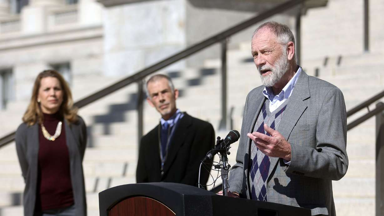 Steve Erickson, with the Utah chapter of the National Association of Housing and Redevelopment Officials, speaks about the need for affordable housing during a press conference outside of the Capitol in Salt Lake City on Tuesday.