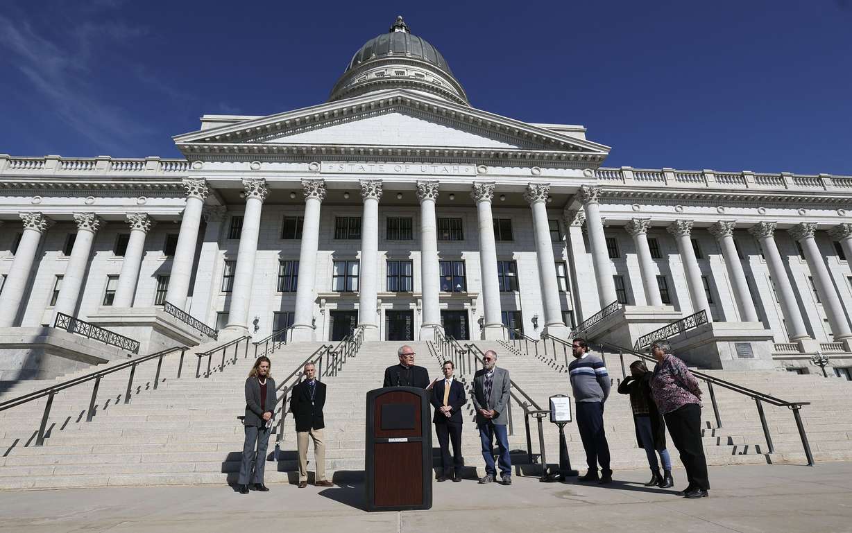 The Rev. Steve Klemz, retired pastor of Evangelical Lutheran Church in America, speaks about the need for affordable housing outside of the Capitol in Salt Lake City on Tuesday.