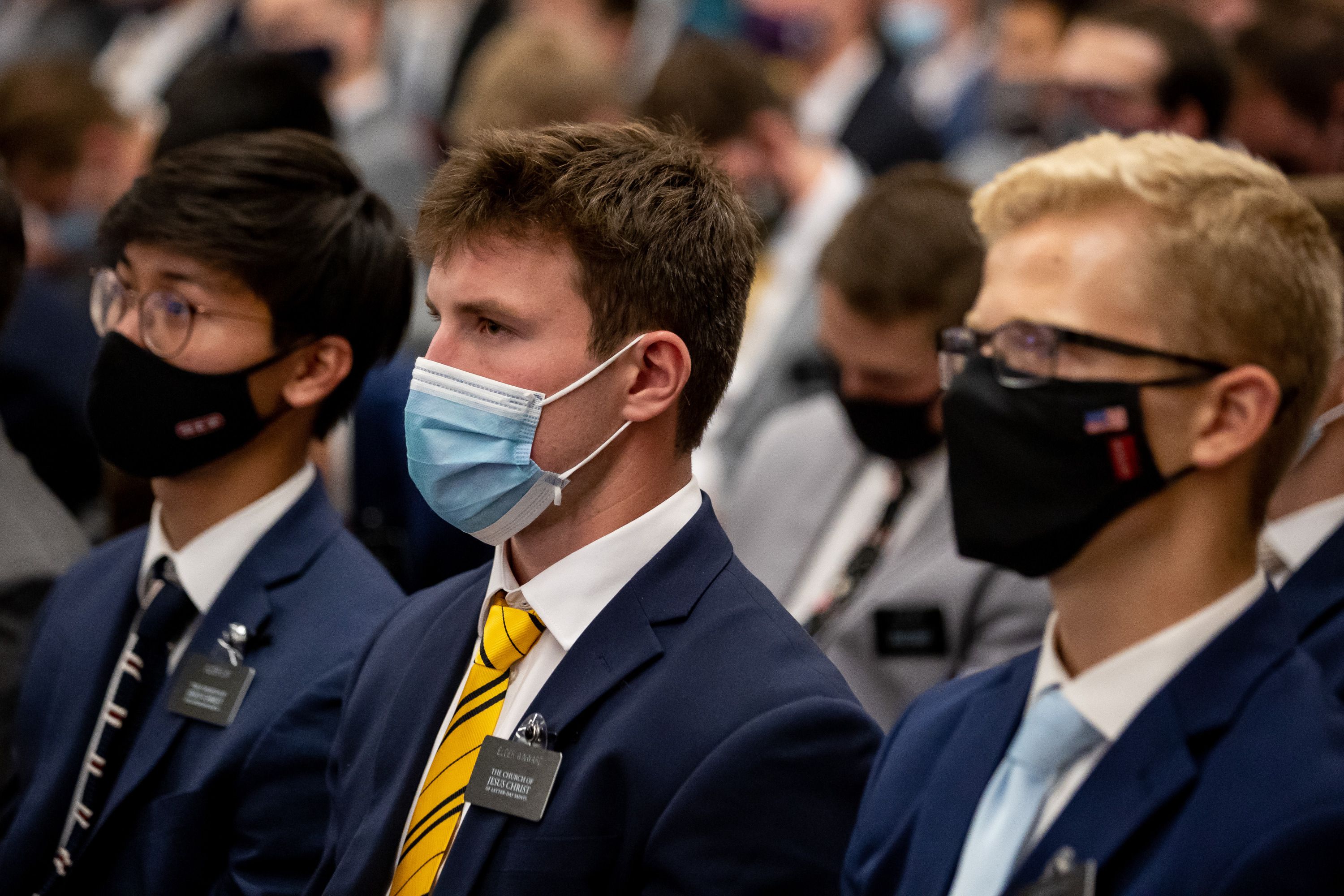 Missionaries for The Church of Jesus Christ of Latter-day Saints listen as Elder David A. Bednar of the Quorum of the Twelve Apostles speaks at the Missionary Training Center in Provo on Aug. 24, 2021.