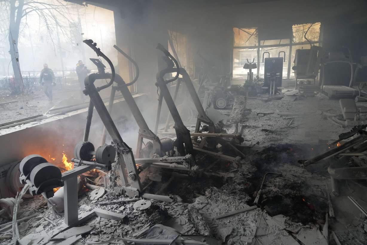 View of smoke from inside a damaged gym after the shelling in Kyiv, Ukraine, on Wednesday.