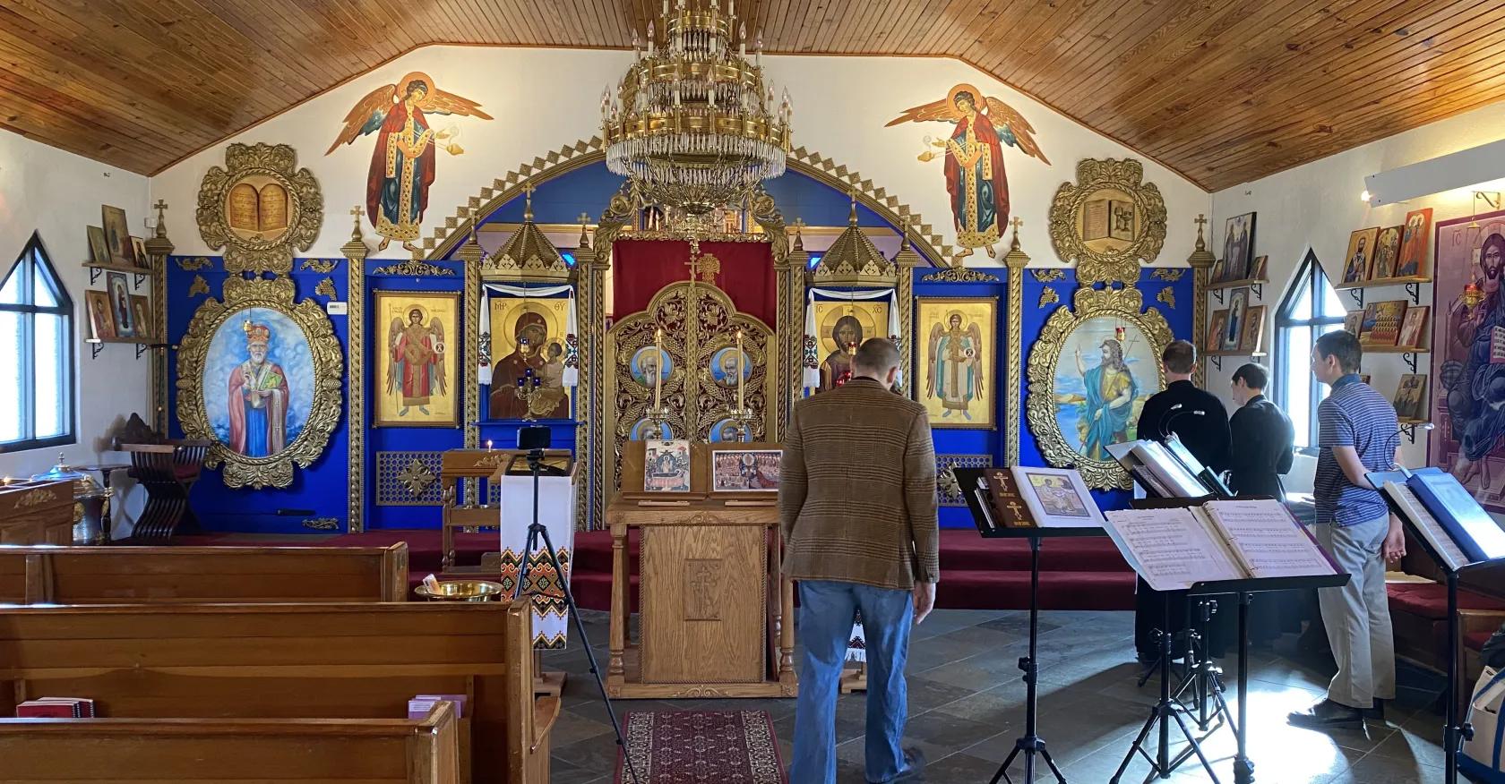 A view inside St. Mary Ukrainian Orthodox Church in Jones, Oklahoma. It is one of many churches across the country praying for peace in Ukraine. 