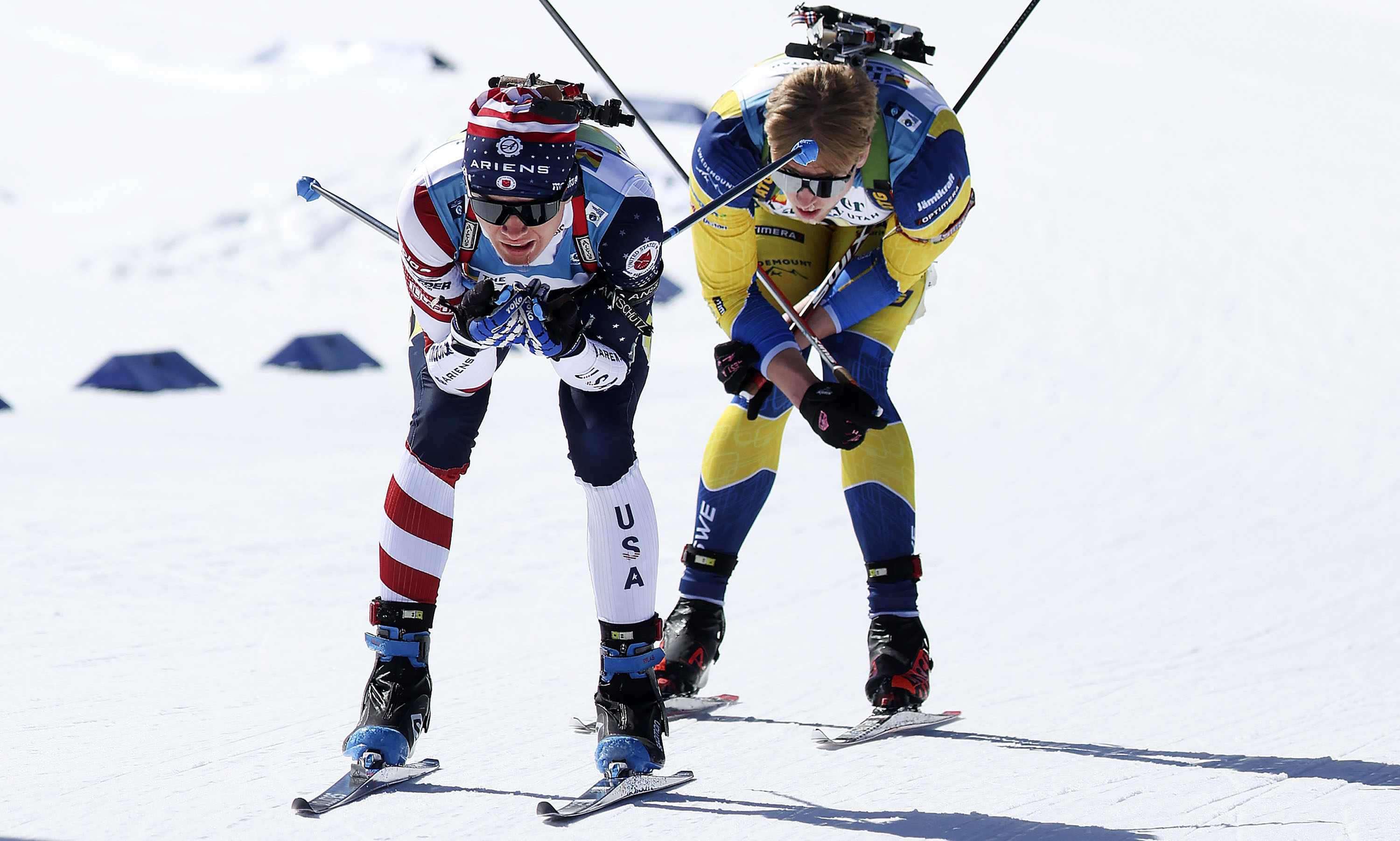 Skiers from America and Sweden compete in the 2022 Biathlon Youth and Junior World Championships at Soldier Hollow Nordic Center in Midway on Wednesday. A team of eight young Russian biathletes were banned from competing by the international federation as a show of solidarity with Ukraine.