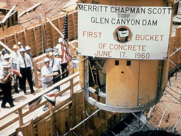 Crews pour the first concrete to build the Glen Canyon Dam near Page, Arizona on June 17, 1960. The dam was completed in September 1963.