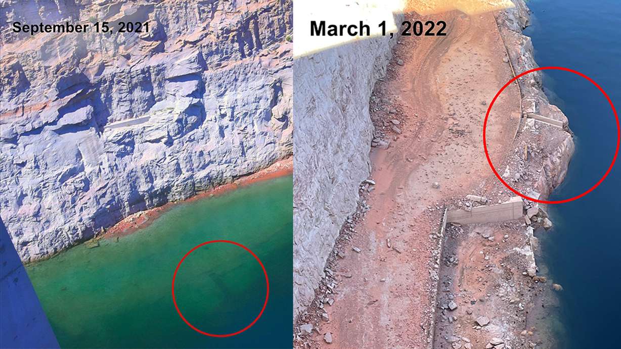 These images, provided by the Bureau of Reclamation, show the foundation of a concrete plant visible in Lake Powell on Sept. 15, 2021, and then above water on Tuesday as the reservoir's water levels continue to drop. The foundations had been underwater since about 1966.