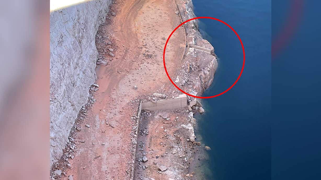 A photo of an old concrete plant foundation visible above Lake Powell on Tuesday. Bureau of Reclamation officials say the plant produced the concrete to build the Glen Canyon Dam and had been underwater for over 50 years.