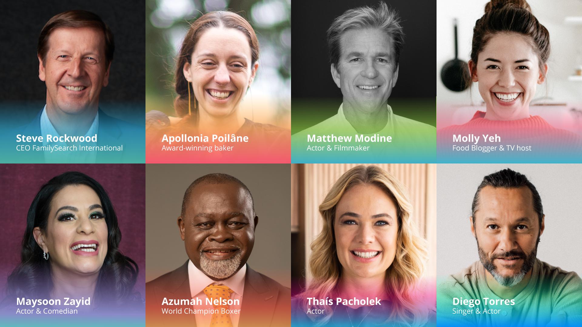 Eight of the keynote speakers for the 2022 RootsTech conference are pictured. The annual family history conference began on Thursday, will run through Saturday, and is completely virtual again this year. 