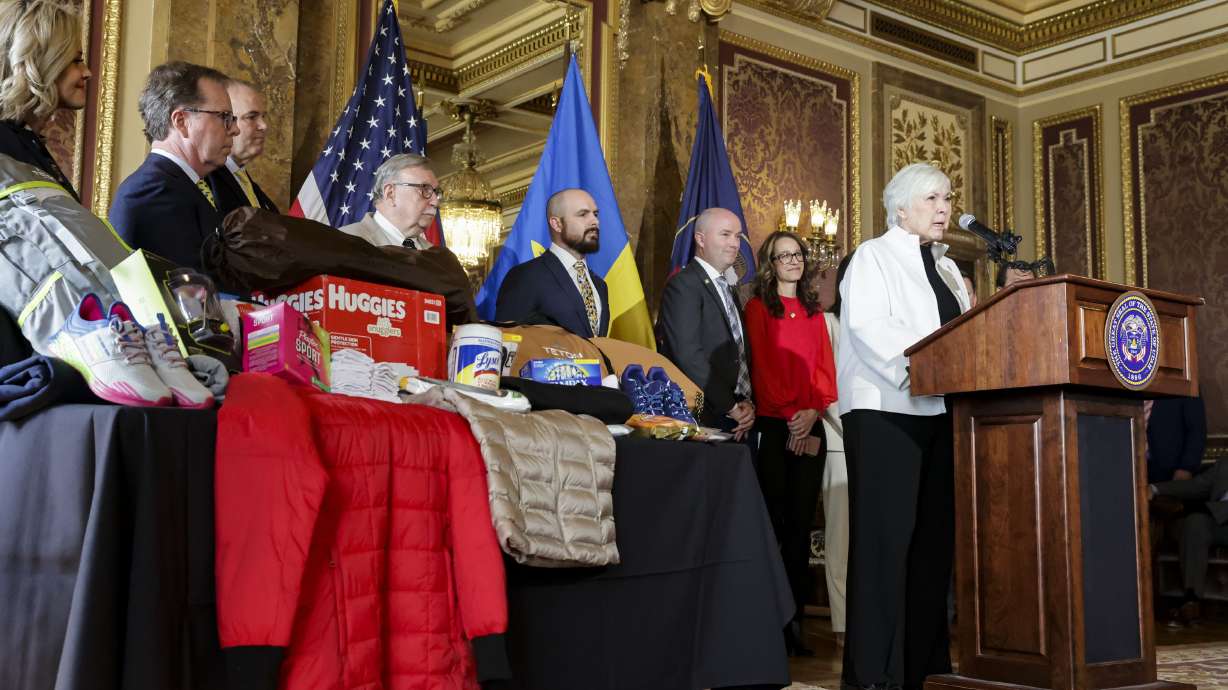 Gail Miller, of the Larry H.& Gail Miller Family Foundation, speaks during a press conference to announce a Driven to Assist community fundraiser and donation drive to benefit refugees fleeing Ukraine at a press conference at the Capitol in Salt Lake City on Thursday.