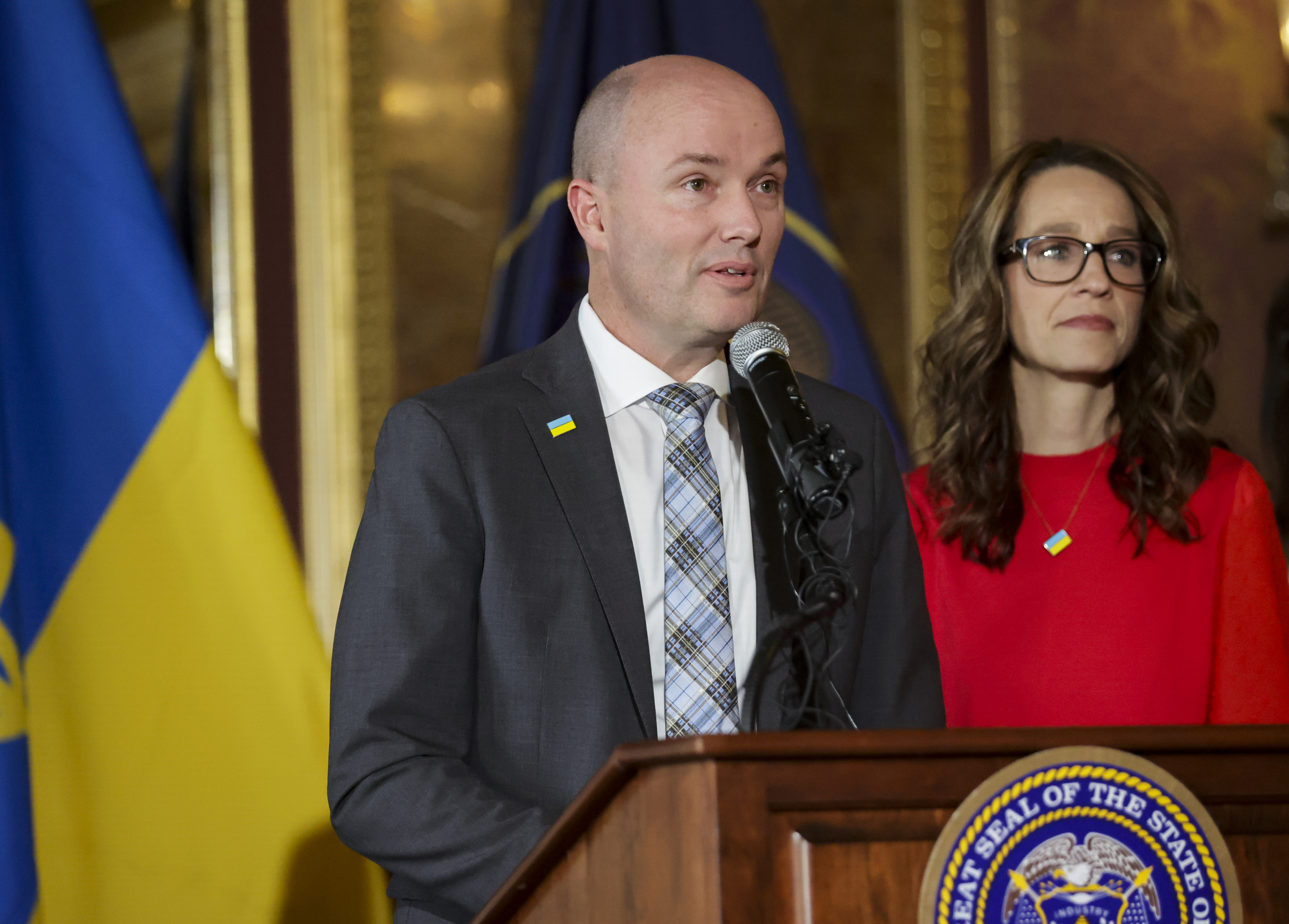 Gov. Spencer Cox speaks during a press conference to announce a Driven to Assist community fundraiser and donation drive to benefit refugees fleeing Ukraine at a press conference at the Capitol in Salt Lake City on Thursday.