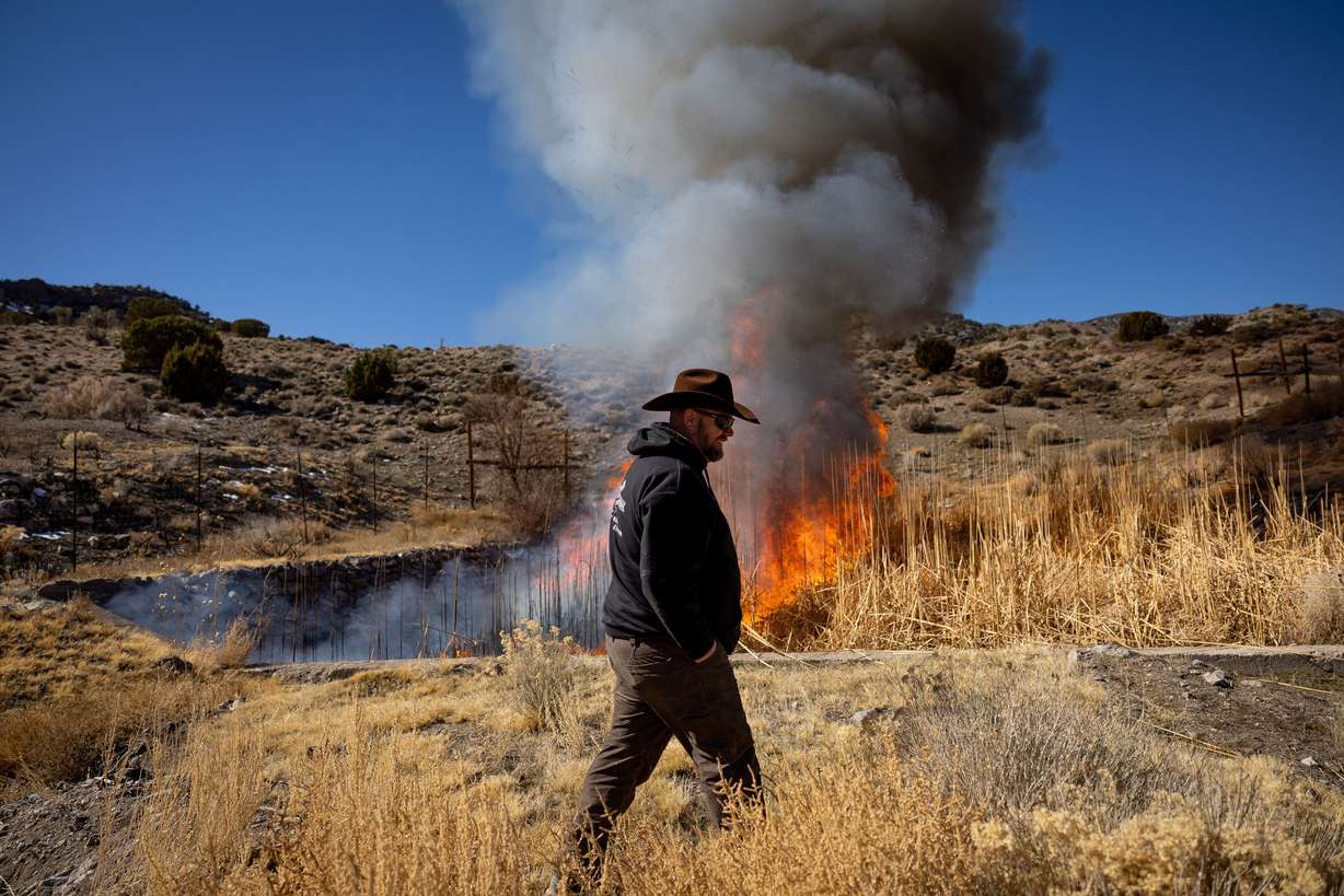 Mark Wintch watches after setting ablaze the weeds choking the natural spring that feeds his cattle ranch in the Wah Wah Valley, a remote part of Beaver County, on Feb. 18. Rural areas of Utah are facing a dire water shortage and it is setting the blueprint for a western desert conflict.