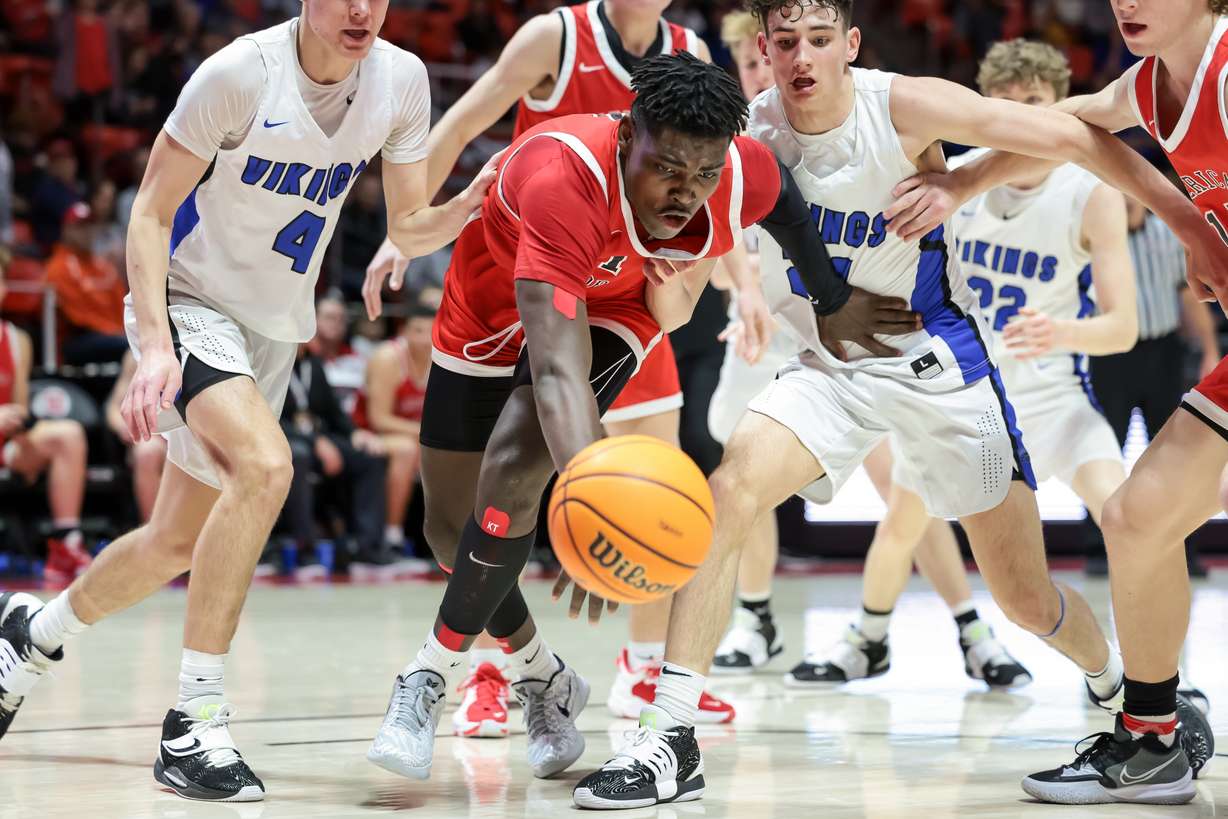 American Fork and Pleasant Grove compete in a 6A high school boys basketball semifinal game at the Huntsman Center in Salt Lake City on Thursday, March 3, 2022.