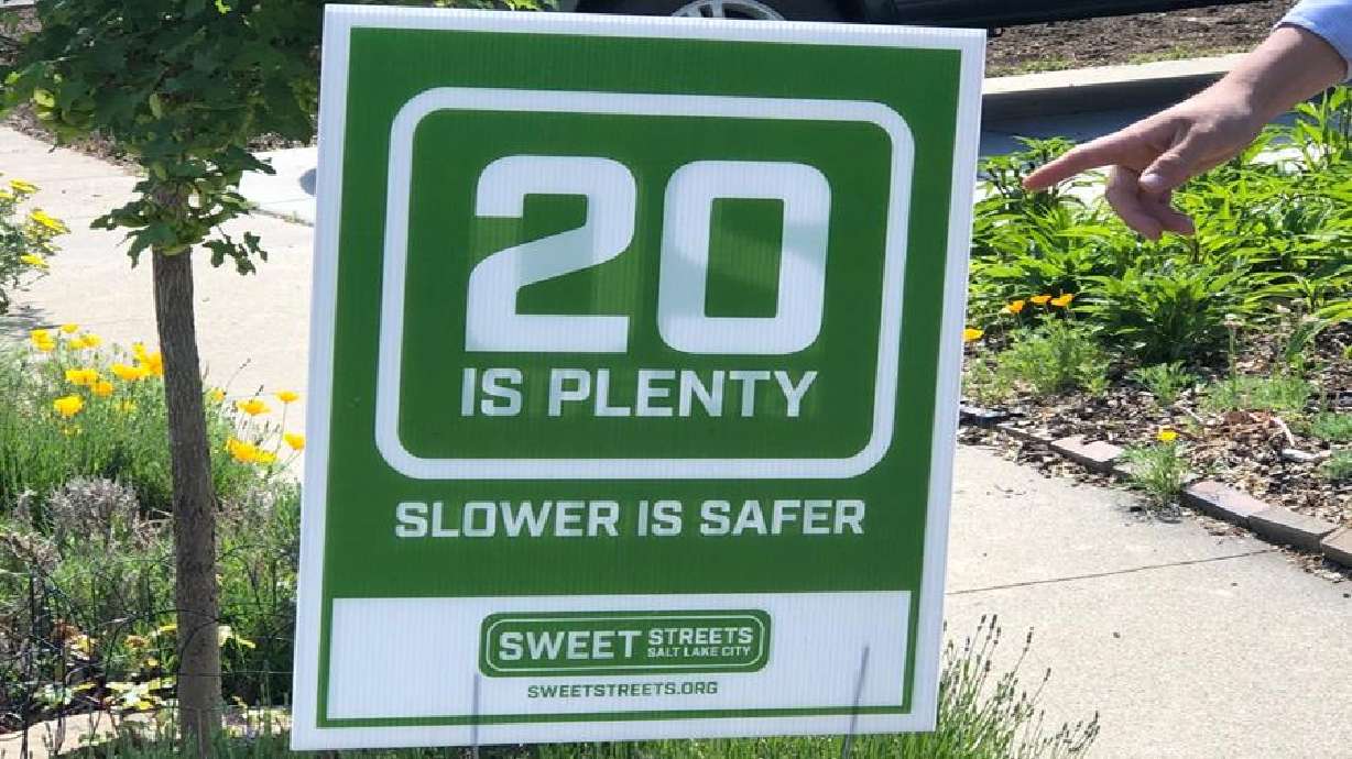 A "20 Is Plenty" lawn sign designed by the group Sweet Streets. The group handed out lawn signs at an event on May 26, 2021. Salt Lake City's transportation division was given the green light to research a speed limit change during a meeting Tuesday.