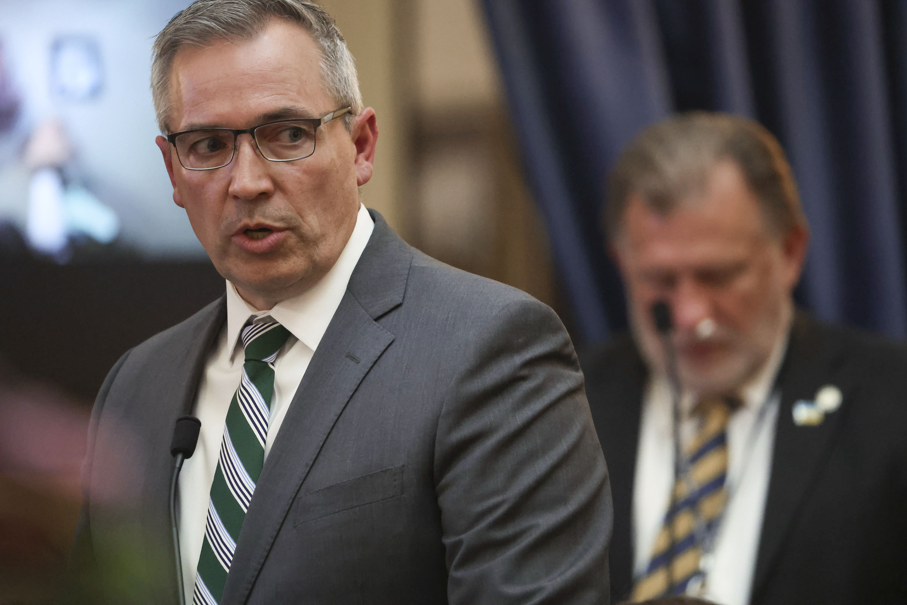 Sen. Daniel McCay, R-Riverton, left, and Sen. Curt Bramble, R-Provo, speak in favor of HB 11, Student Eligibility in Interscholastic Activities, during the last evening of the Utah Legislature’s 2022 general session at the Capitol in Salt Lake City on Friday, March 4, 2022. McCay proposed an all-out ban on transgender female students participating on girls sports teams.