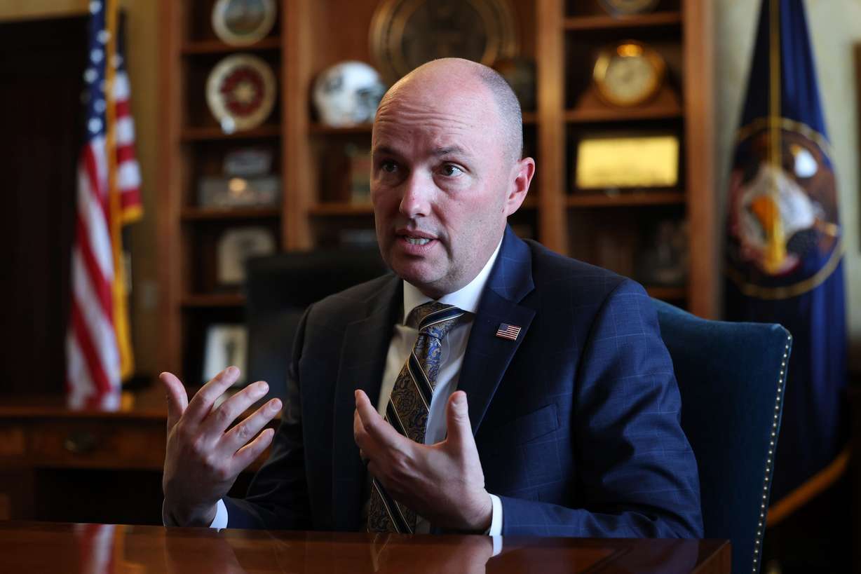 Gov. Spencer Cox discusses the 2022 legislative session on its last day during an interview at the Capitol in Salt Lake City on Friday.