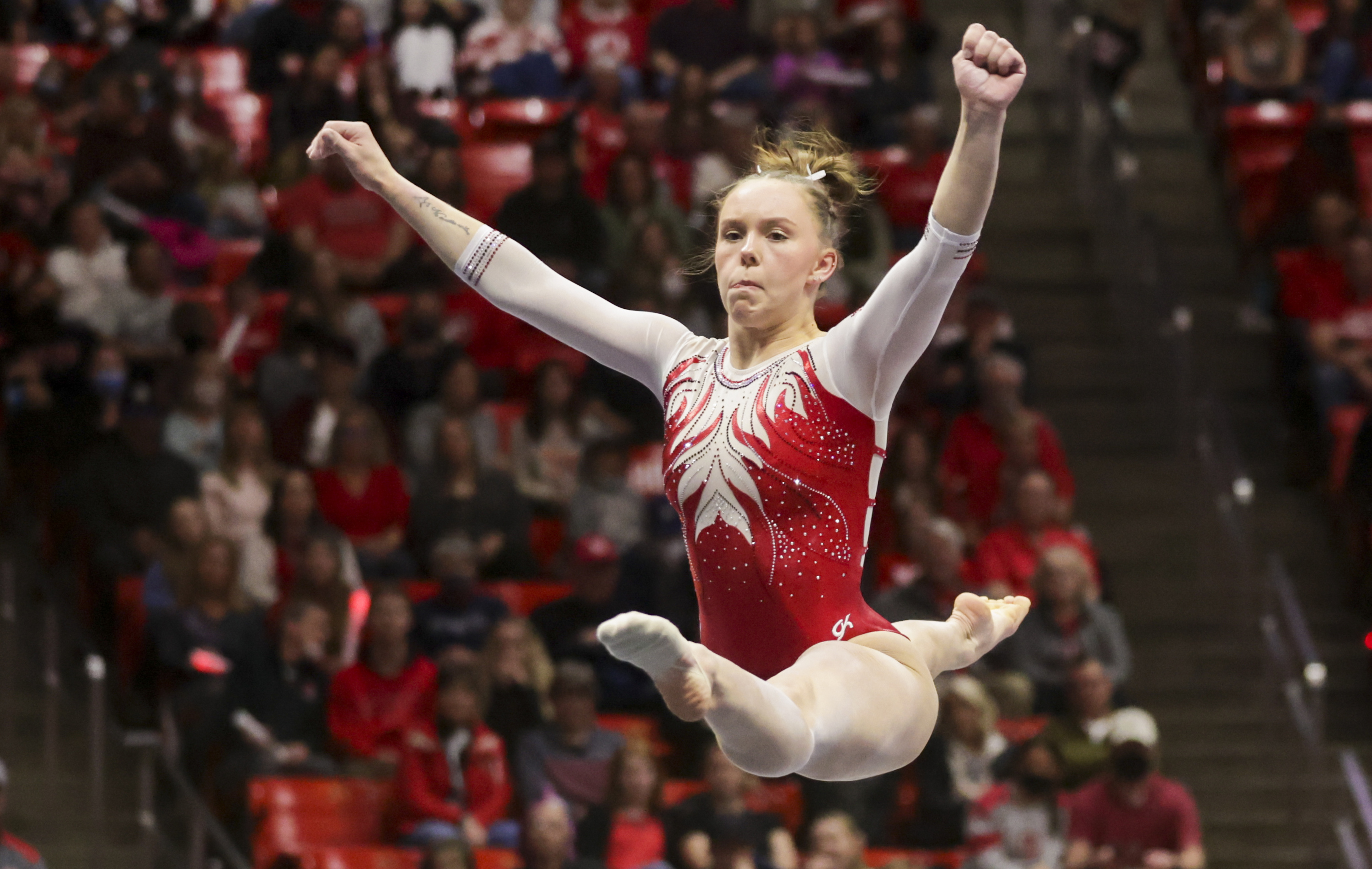 Utah’s Maile O’Keefe does her floor routine as the Utah Red Rocks compete against Minnesota in a gymnastics meet at the Huntsman Center in Salt Lake City on Friday, March 4, 2022.