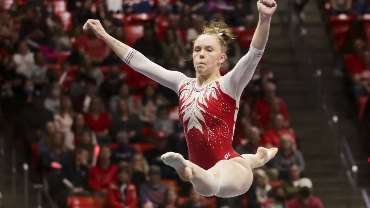 Utah’s Maile O’Keefe does her floor routine as the Utah Red Rocks compete against Minnesota in a gymnastics meet at the Huntsman Center in Salt Lake City on Friday, March 4, 2022.
