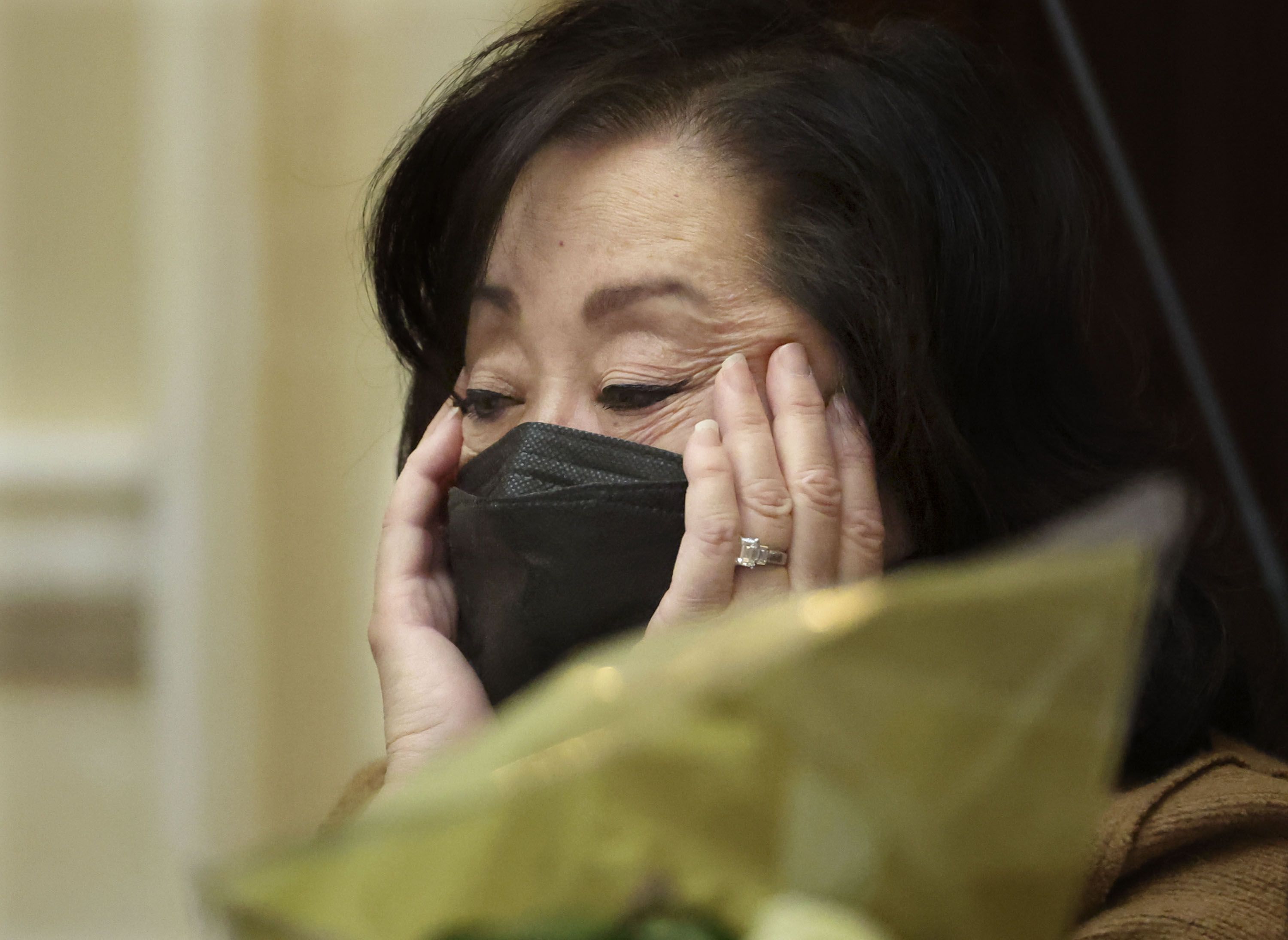 Sen. Jani Iwamoto, D-Holladay, sits down after speaking against HB 11, Student Eligibility in Interscholastic Activities, during the last evening of the Utah Legislature’s 2022 general session at the Capitol in Salt Lake City on Friday.