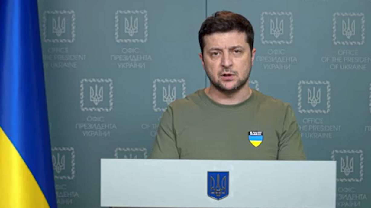 In this image taken from video provided by the Ukrainian Presidential Press Office, Ukrainian President Volodymyr Zelenskyy speaks to the nation in Kyiv, Ukraine, on Thursday.