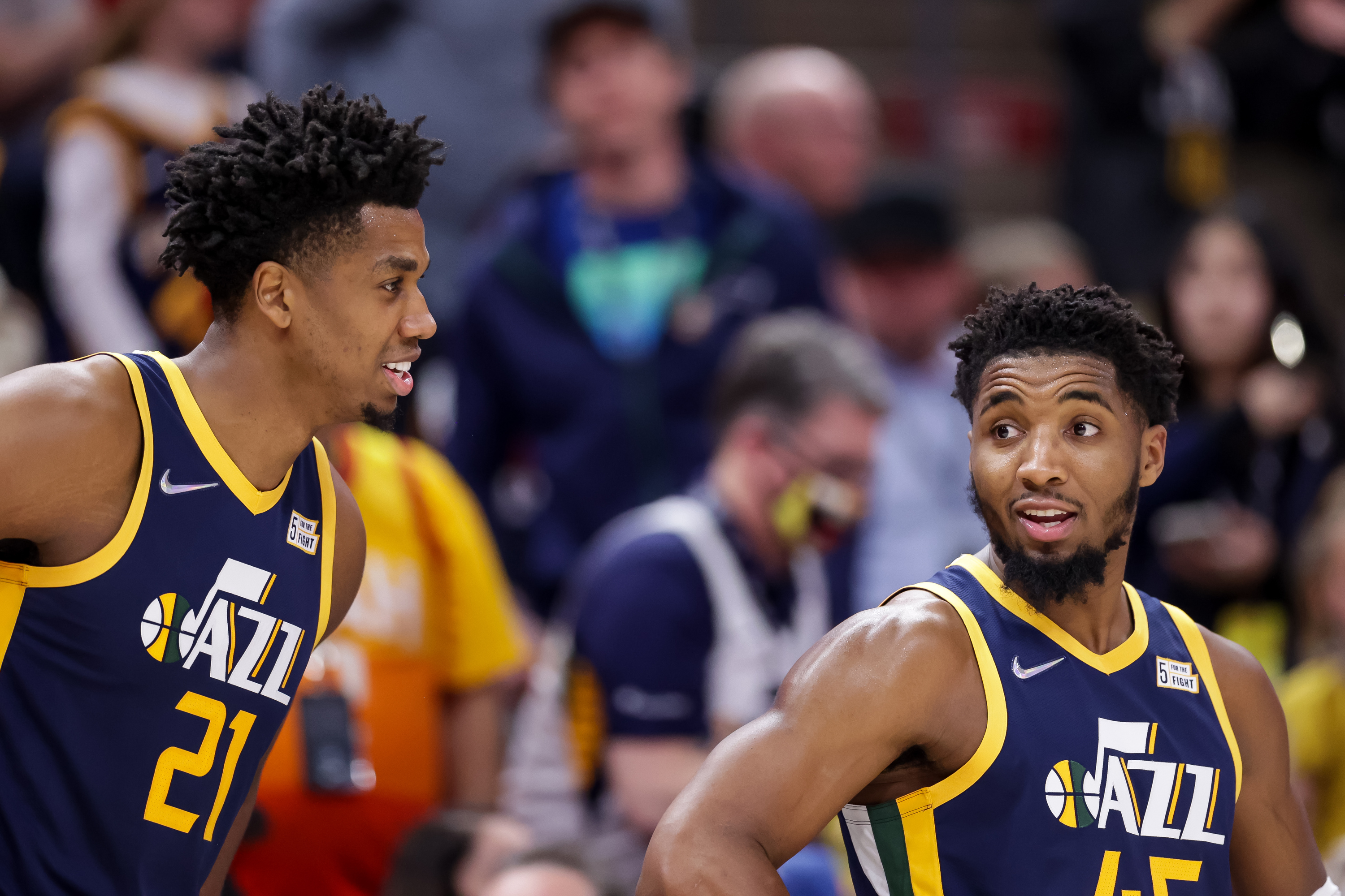 Utah Jazz center Hassan Whiteside (21) and guard Donovan Mitchell (45) during the final seconds an NBA game. 