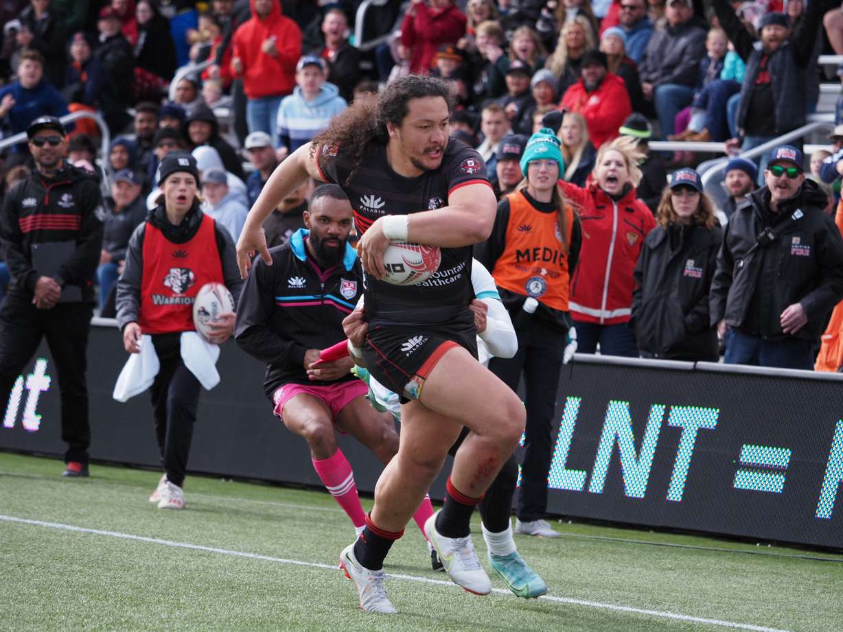 Mika Kruse scores one of three tries for the Utah Warriors against the Dallas Jackals, Saturday, March 5, 2022 at Zions Bank Stadium in Herriman. Utah won, 69-22.