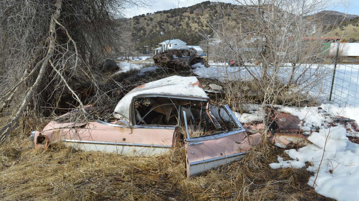 David Dawes' 1955 DeSoto Sportsman Coupe sits in a bend of Chalk Creek in Coalville. During the floods of 1983, the Boyer family farm was in danger of being washed away until the DeSoto came to the unwilling rescue.