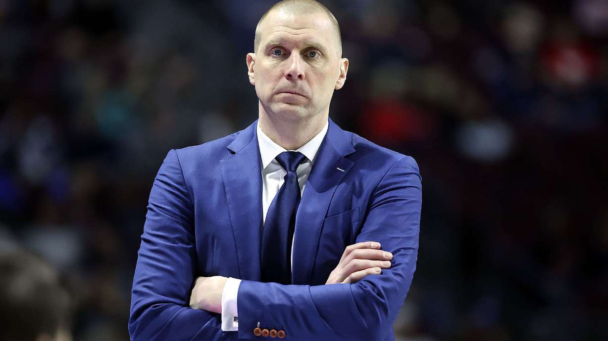 BYU basketball head coach Mark Pope reacts as the Brigham Young Cougars play the San Francisco Dons in the 2022 West Coast Conference men’s basketball quarterfinals at the Orleans Arena in Las Vegas on Saturday, March 5, 2022. BYU lost 63-75.