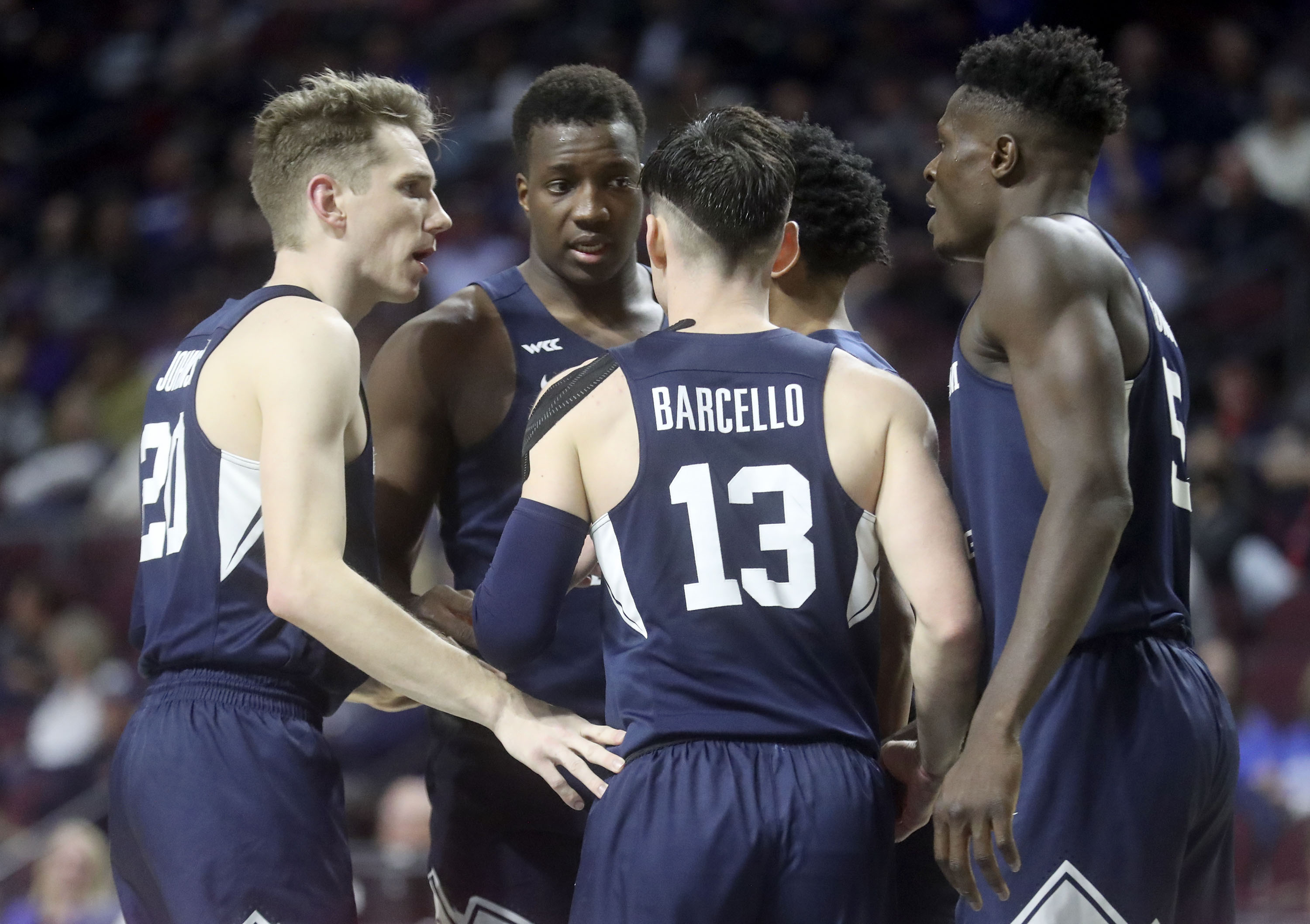 BYU players talk on the court as the Brigham Young Cougars play the San Francisco Dons in the 2022 West Coast Conference men’s basketball quarterfinals at the Orleans Arena in Las Vegas on Saturday, March 5, 2022. BYU lost 63-75.