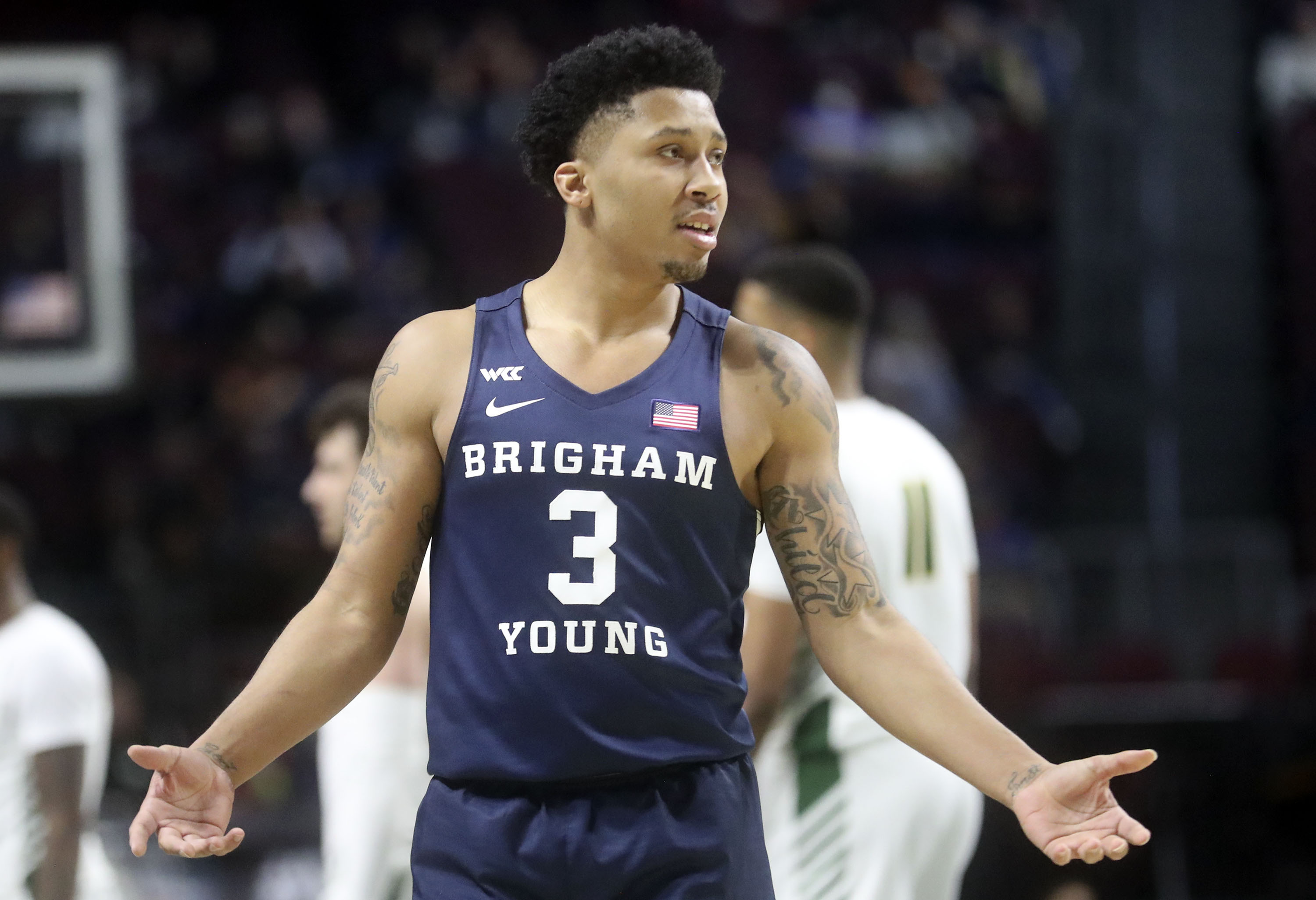 Brigham Young Cougars guard Te'Jon Lucas (3) reacts to a call as the Brigham Young Cougars play the San Francisco Dons in the 2022 West Coast Conference men’s basketball quarterfinals at the Orleans Arena in Las Vegas on Saturday, March 5, 2022. BYU lost 63-75.