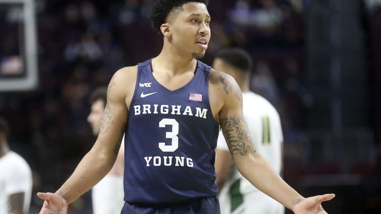 Brigham Young Cougars guard Te'Jon Lucas (3) reacts to a call as the Brigham Young Cougars play the San Francisco Dons in the 2022 West Coast Conference men’s basketball quarterfinals at the Orleans Arena in Las Vegas on Saturday, March 5, 2022. BYU lost 63-75.