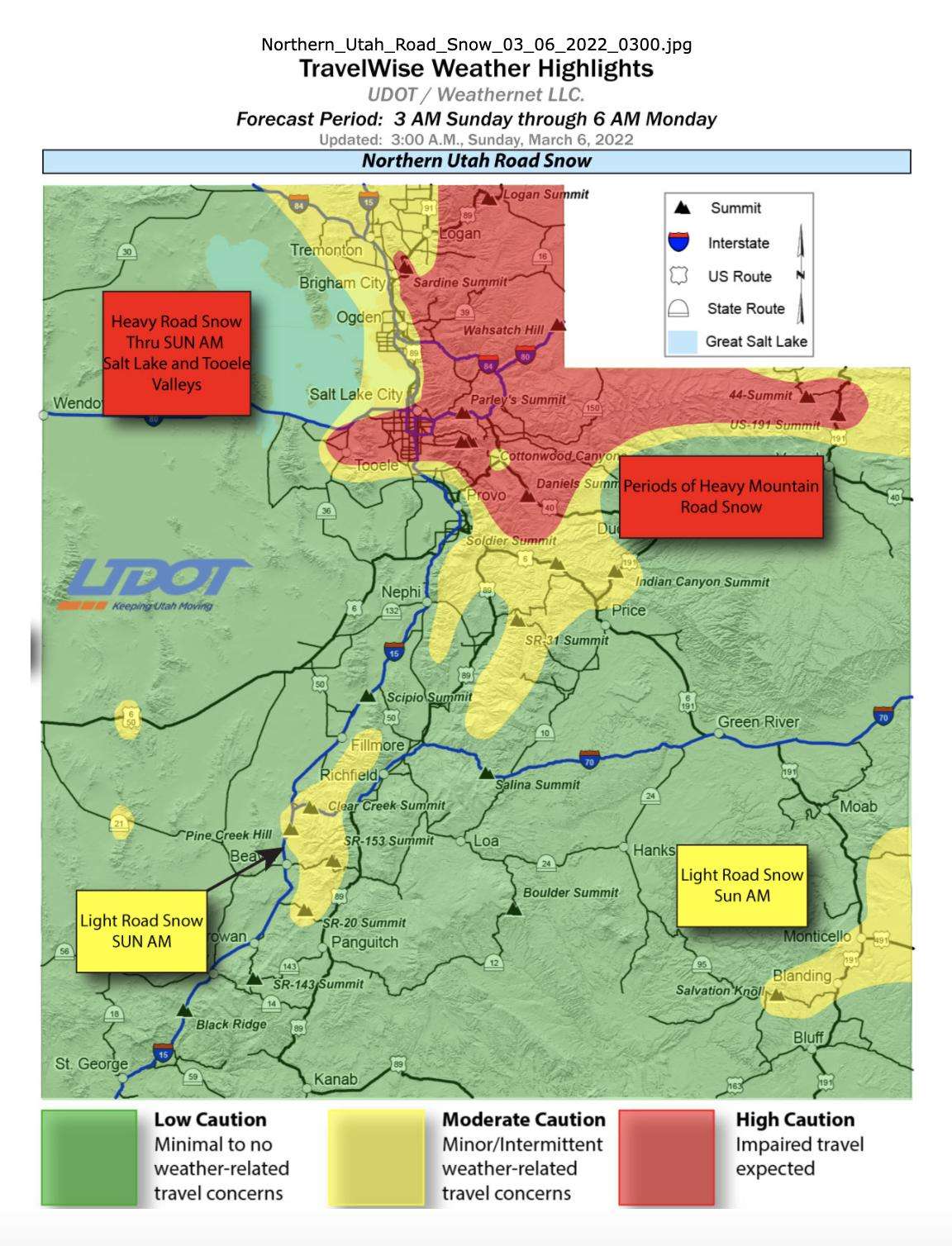 This Utah Department of Transportation map highlights areas of high, moderate, and low caution as storms travel across the state.