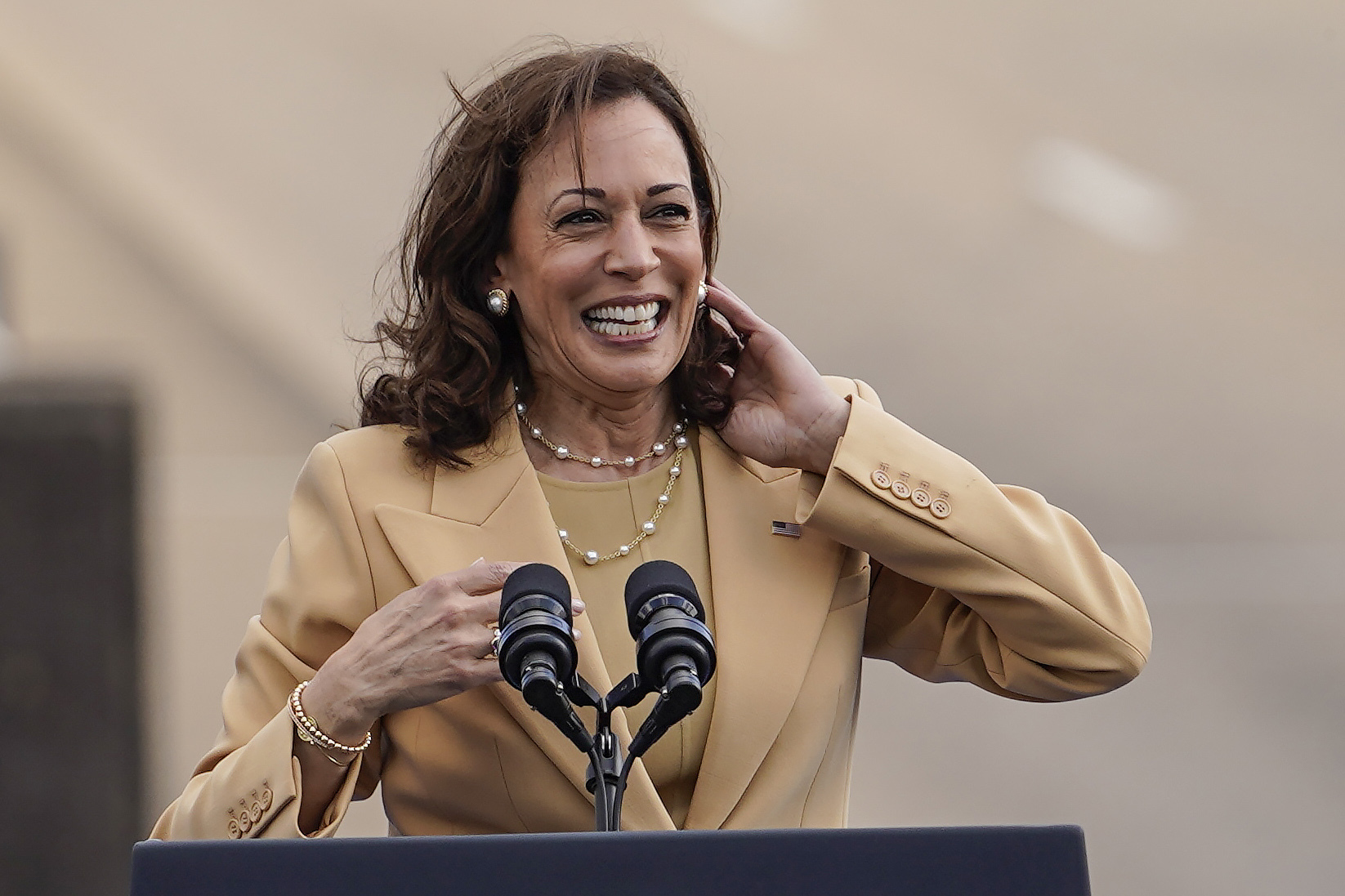 Vice President Kamala Harris speaks near the Edmund Pettus Bridge in Selma, Ala., on the anniversary of "Bloody Sunday," a landmark event of the civil rights movement, Sunday.