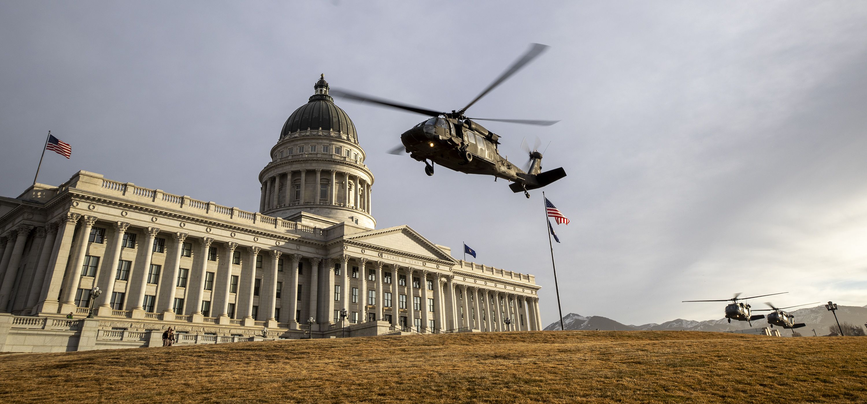 Three Black Hawk helicopters from the Utah Army National Guard carrying Utah lawmakers lift off from the south lawn of the Capitol in Salt Lake City for an aerial tour of the Great Salt Lake on Feb. 15.