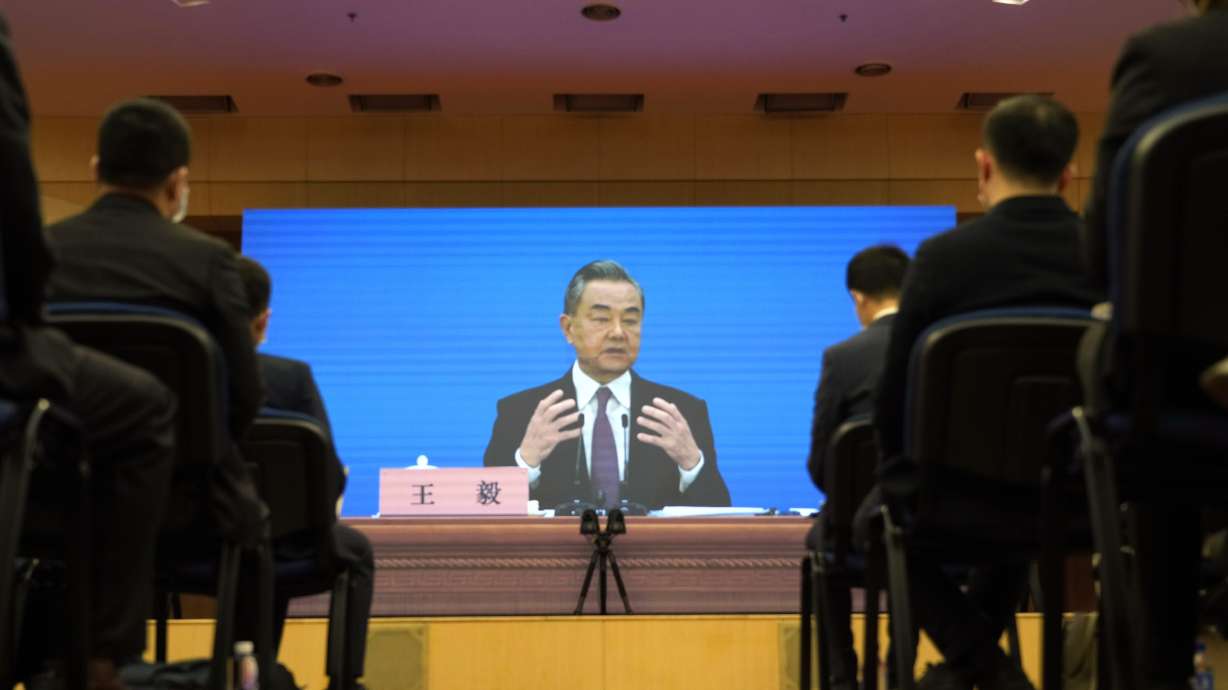Chinese Foreign Minister Wang Yi speaks during a remote video press conference held on the sidelines of the annual meeting of China's National People's Congress in Beijing, Monday. China's Foreign Minister on Monday called Russia Beijing's "most important strategic partner," amid its continued refusal to condemn the invasion of Ukraine.